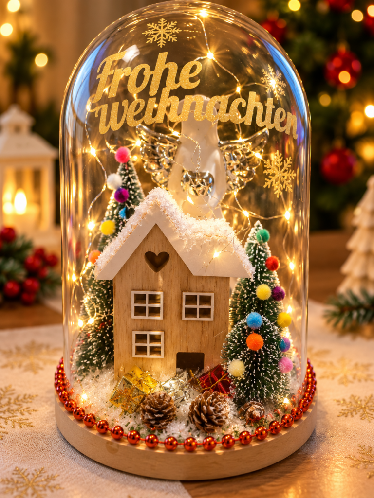 Weihnachtsdeko unter Glas mit LED-Beleuchtung von Rosen JACA