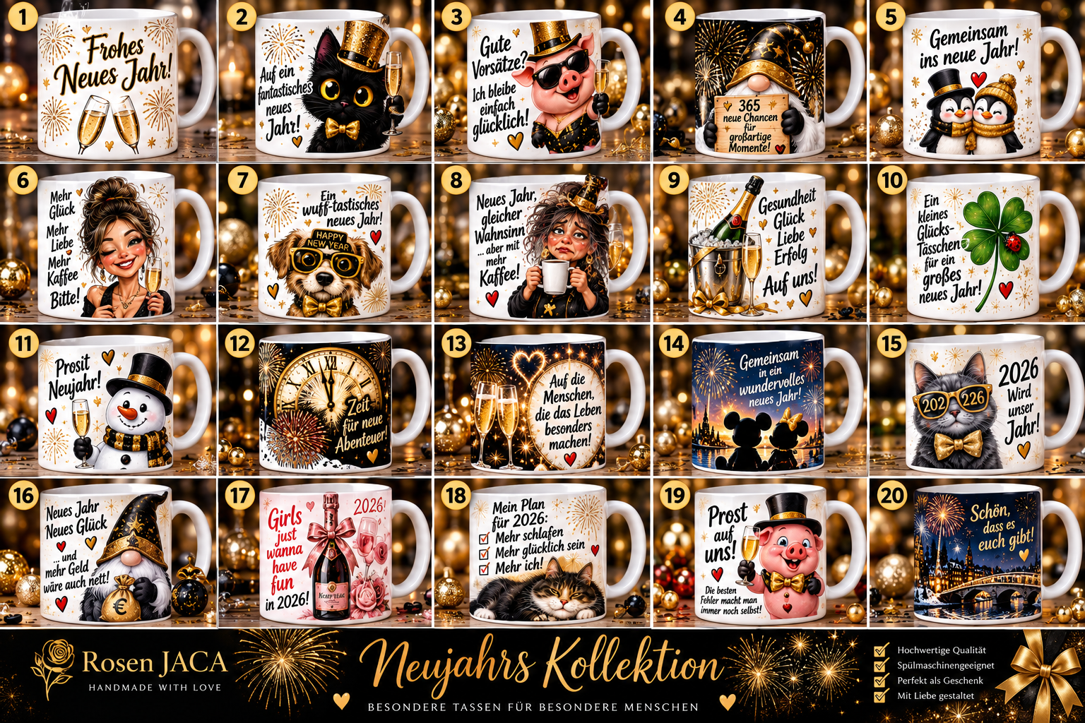 Neujahr Tassen 2027 – Kollektion mit 20 festlichen Tassenmotiven von Rosen JACA